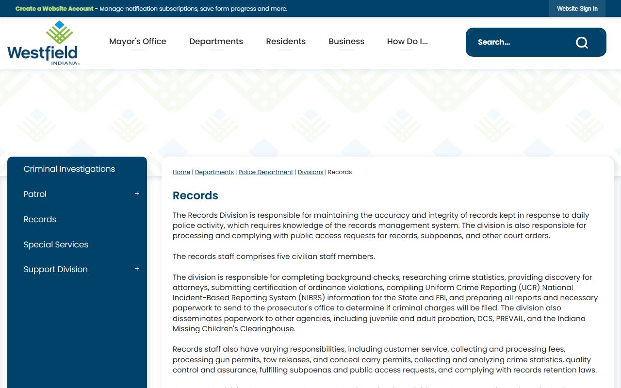 Westfield Police Department records division and arrest information