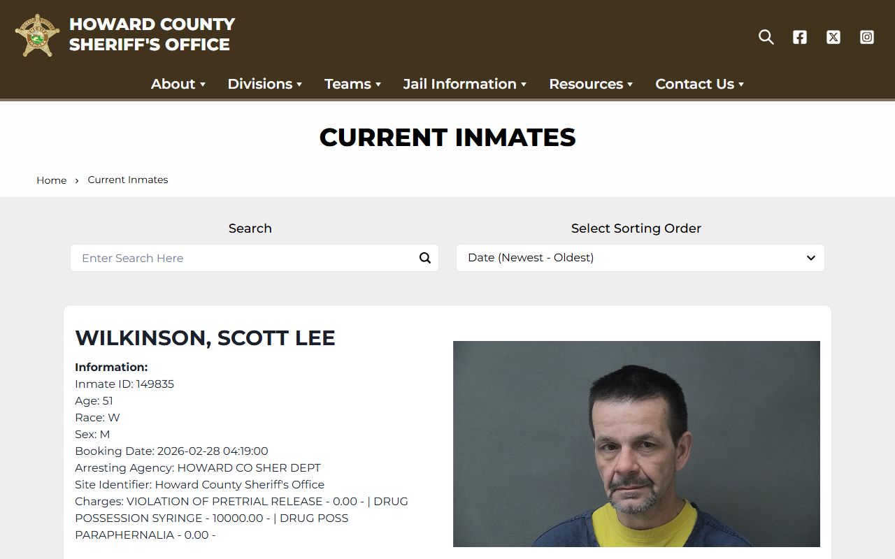 Howard County JailTracker inmate search portal Howard County recent bookings