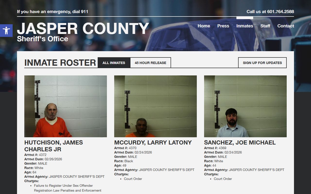 Jasper County Sheriff inmate roster portal Jasper County recent bookings