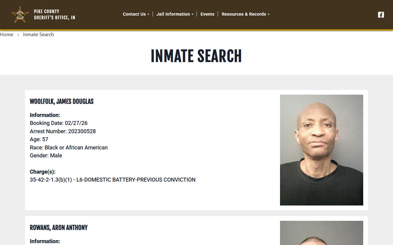 Pike County inmate search tool showing current jail roster entries