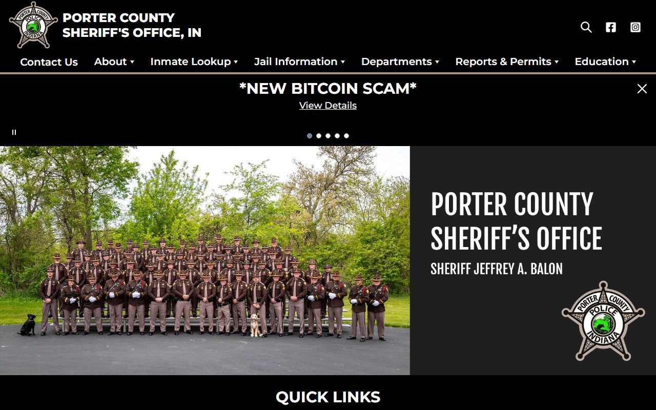 Porter County Sheriff website with inmate and warrant search tools for Porter County bookings