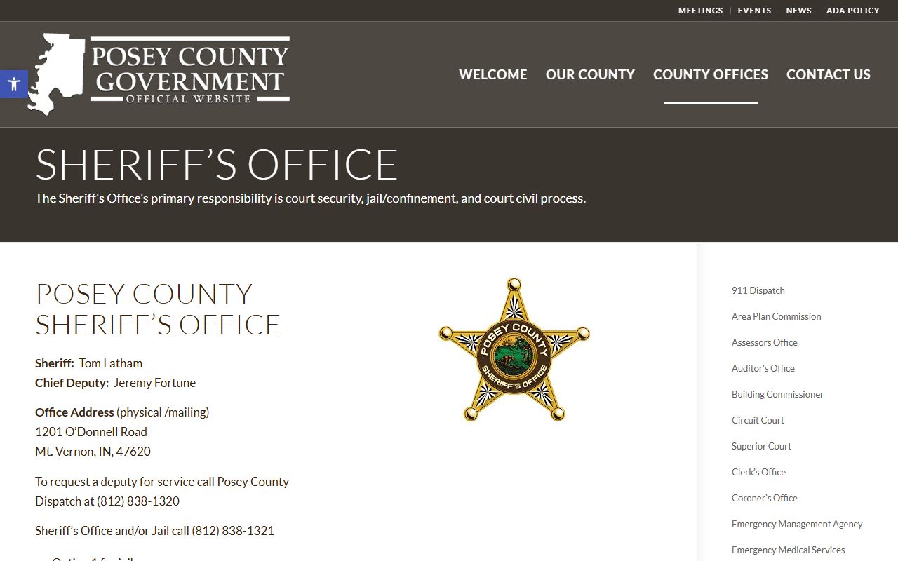 Posey County Sheriff website with jail roster link and office contact information