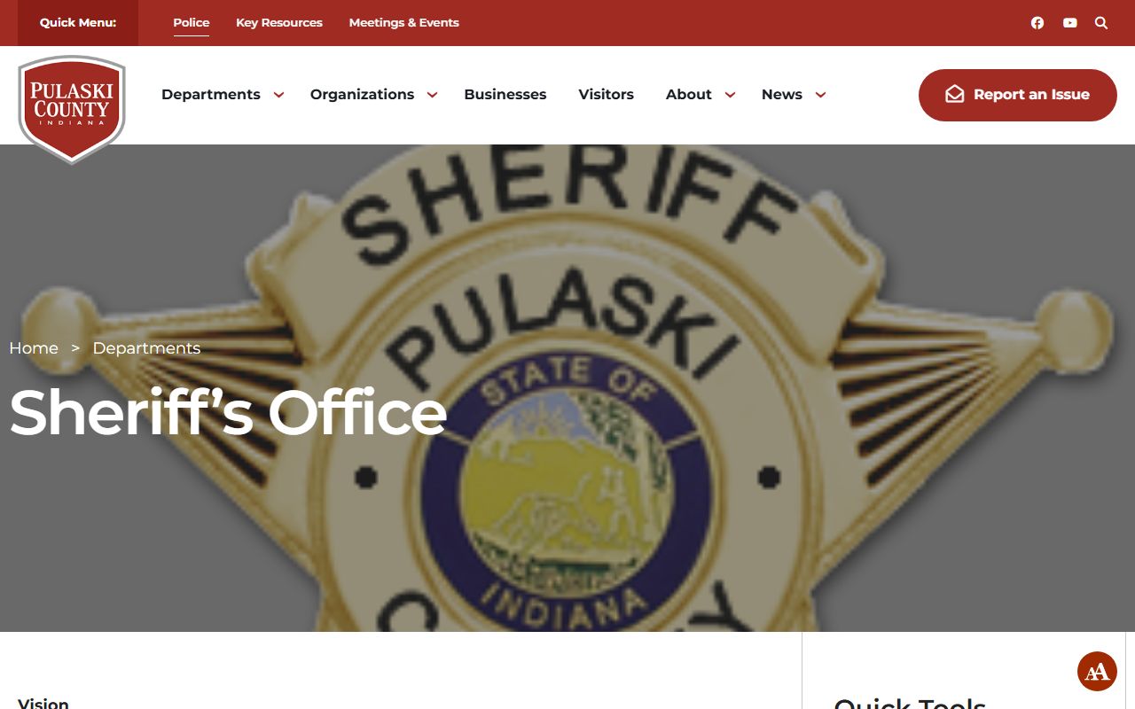 Pulaski County Sheriff department page with contact information and inmate roster link