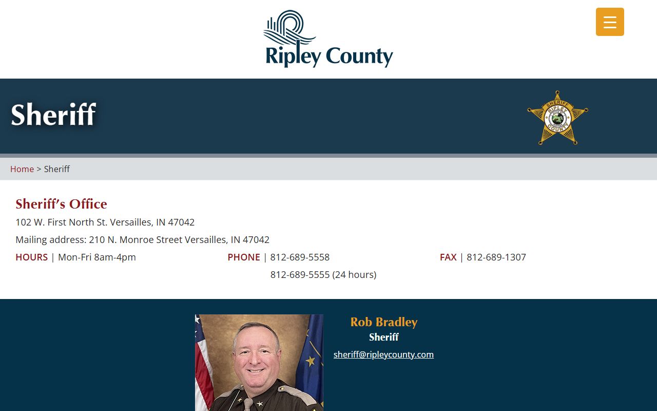 Ripley County Sheriff website with inmate list download and office contact information