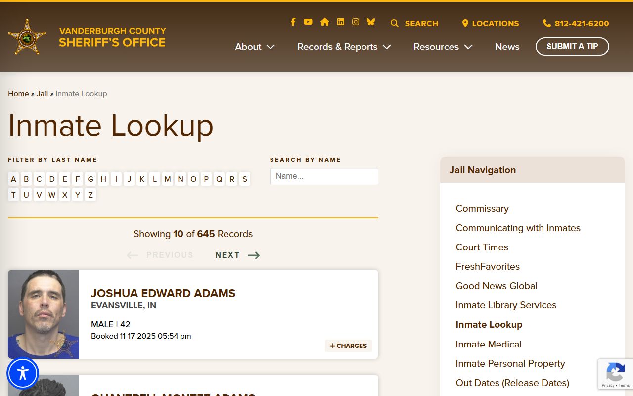 Vanderburgh County Sheriff inmate lookup database Evansville recent bookings