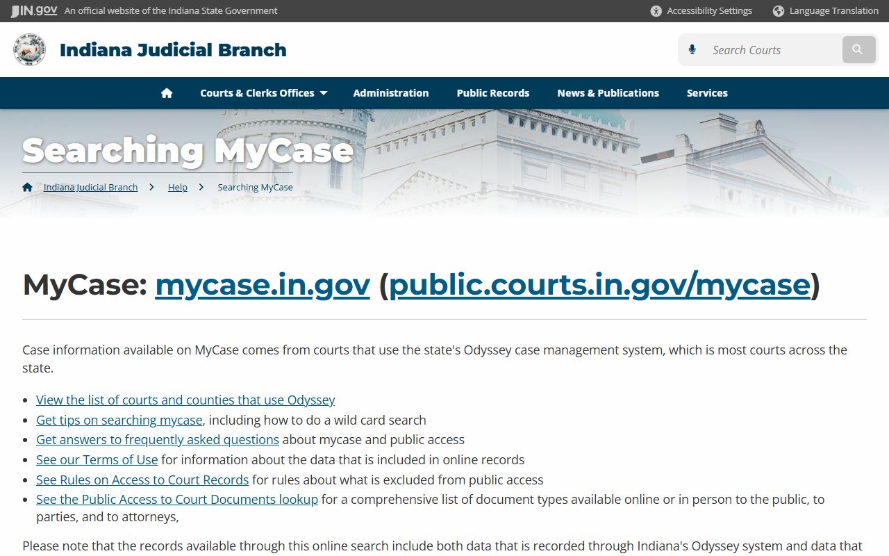 Indiana MyCase help page with FAQs about court records access and recent bookings searches