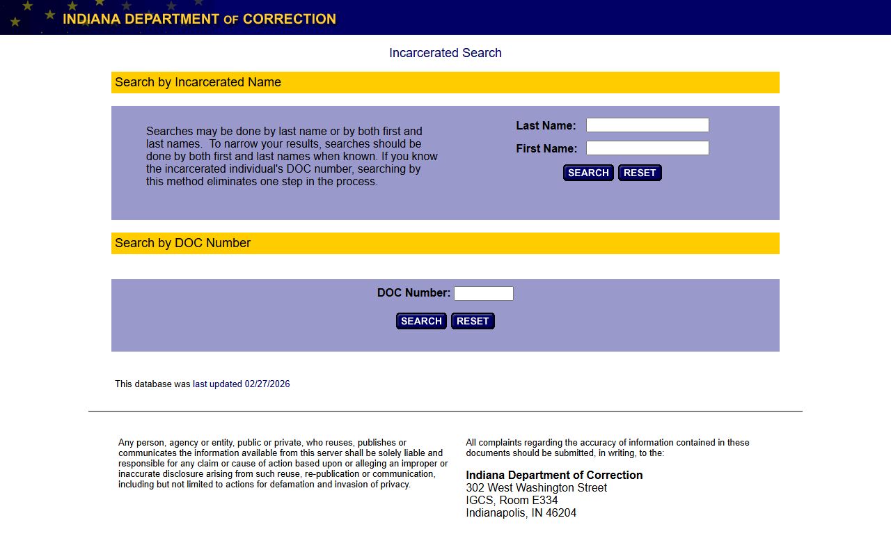 IDOC Offender Locator database for searching Indiana state prison inmates