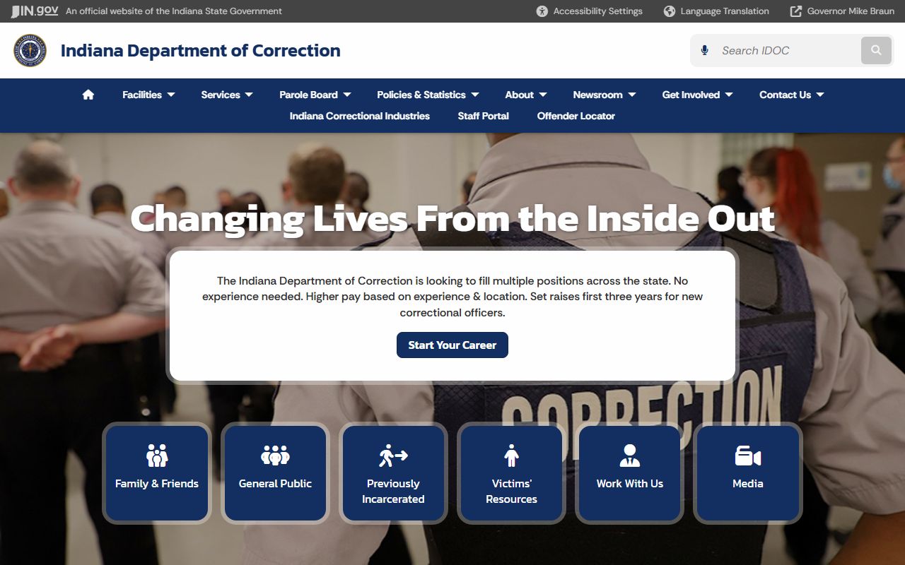 Indiana Department of Correction main portal for inmate and booking searches