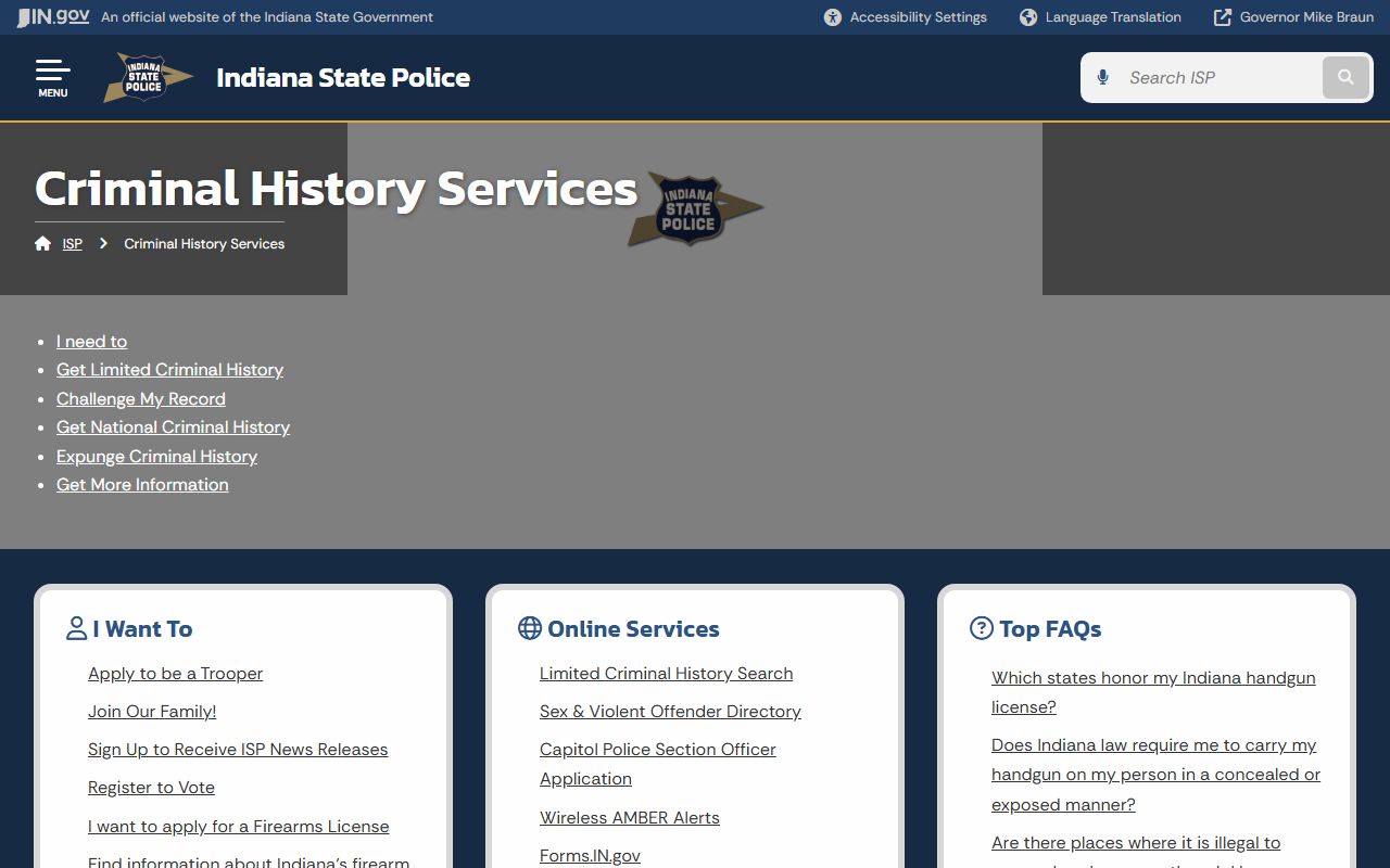 Indiana State Police Criminal History Services page for requesting limited criminal history reports