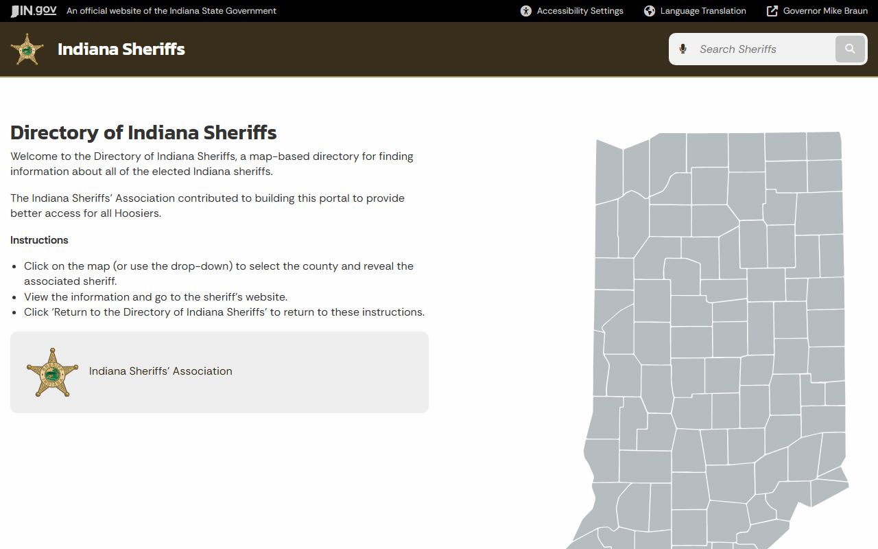 Indiana Sheriffs Association directory listing all 92 county sheriff offices for recent bookings searches